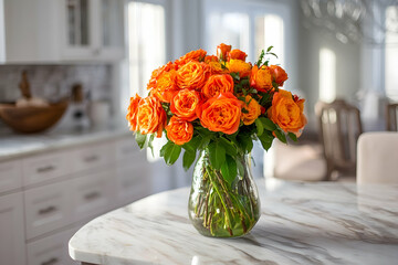 A bouquet of vibrant orange roses in a glass vase on a marble countertop.