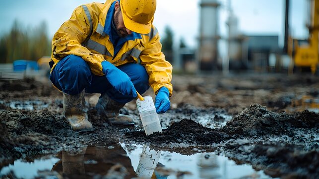 An environmental scientist conducting soil contamination assessment