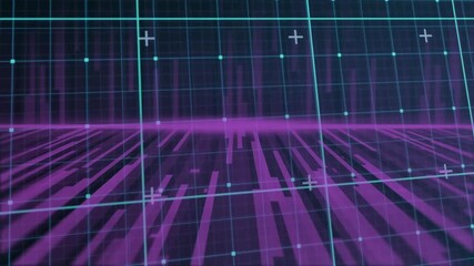 Teal grid plane extending to glowing magenta horizon driving pulsing pillars while mapping waveform - Powered by Adobe