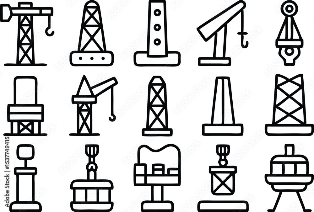 Poster drilling rig icon set outline style icons isolated on transparent background