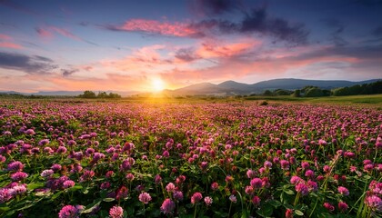 Fototapeta premium beautiful sunset over field of blossoming clover incarnate