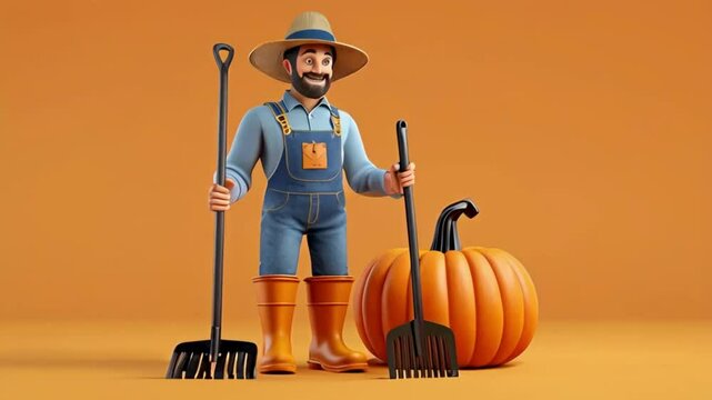 hat and rubber boots hold rake in one hand and pumpkin in other front view 3d illustration. 3d illustration of gardener man hold pumpkin and rake.