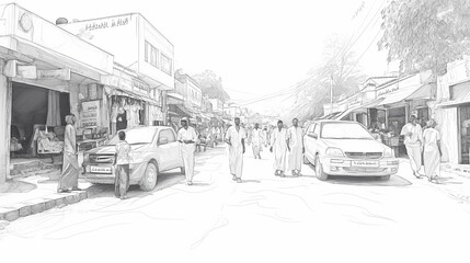 Pencil sketch of a bustling street scene in a market town.