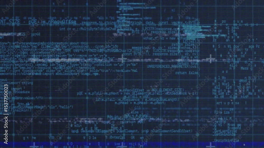Poster dark blue grid starting code fragments appearing and waveform flickering simulating data corruption