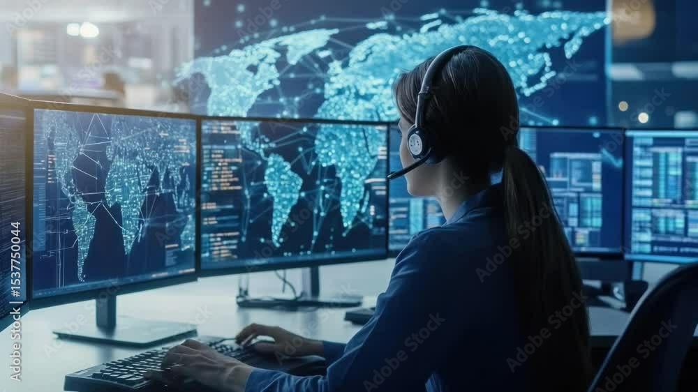 Poster data analyst monitoring the screens: a focused data analyst, immersed in a technological environment