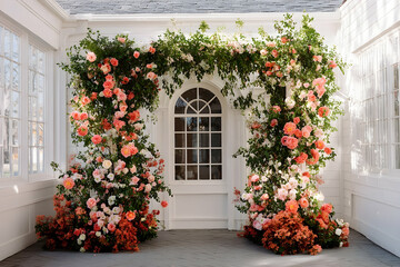 Fototapeta premium Floral archway adorned with vibrant roses and greenery.