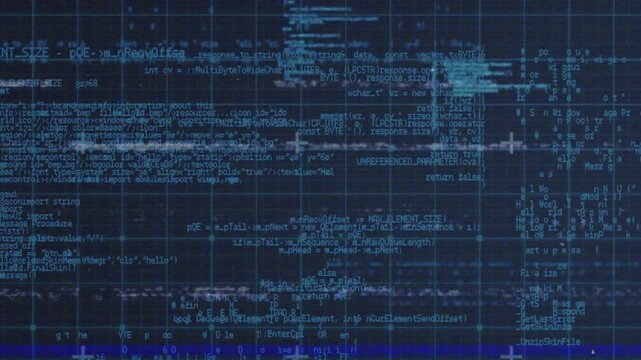 Dark blue grid starting code fragments appearing and waveform flickering simulating data corruption