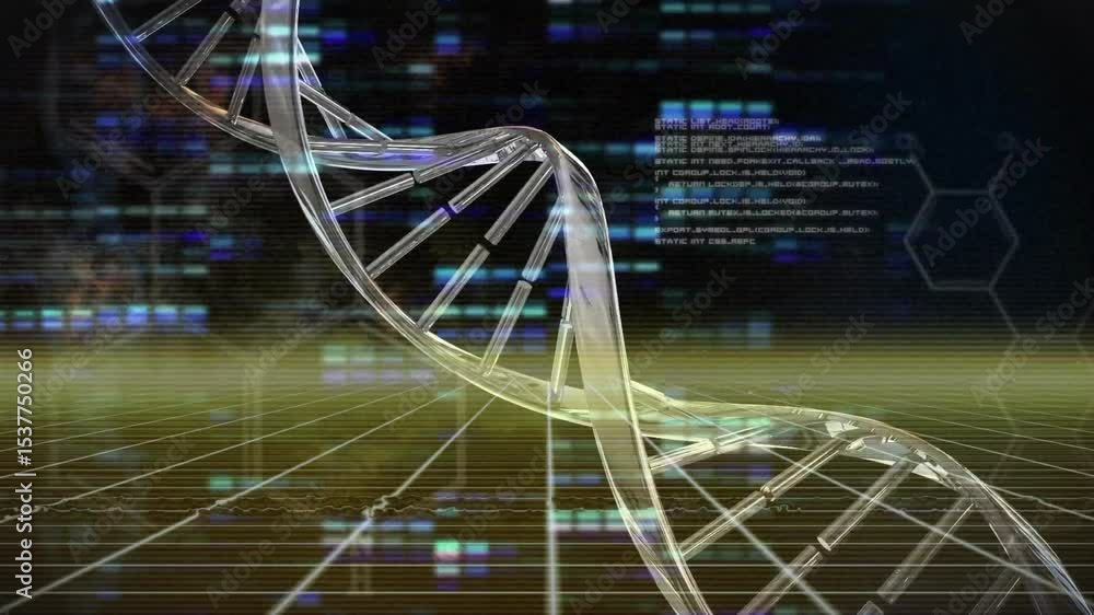Poster sequence opening initiating helix spinning code overlays updating and grid pulsing showing data