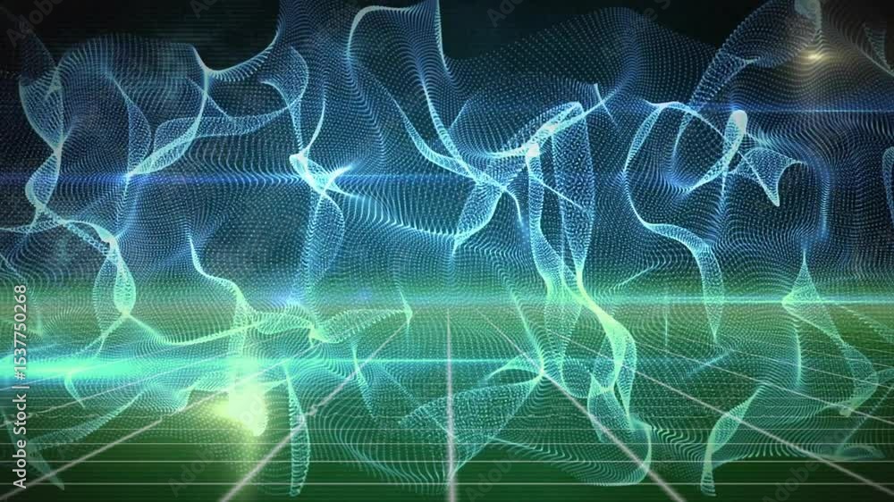 Poster glowing green grid emerging driving blue-green mesh waves undulating with flares for seamless loop