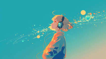 宇宙で音楽を聴く少女