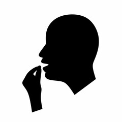 Vector illustration of human head taking medicine pill with hand isolated on white background.