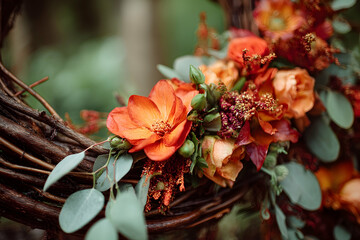 Close-up of an autumnal flower wreath.