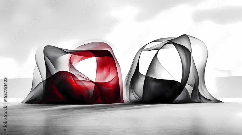Poster abstract architectural forms in red and black.