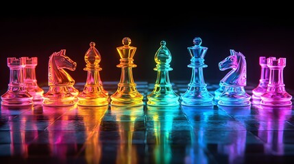Colorful glowing chess pieces on a reflective board
