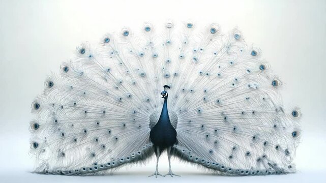 Majestic White Peacock: A captivating albino peacock flaunts its mesmerizing display of pristine, ethereal feathers, standing regally and exuding grace. 