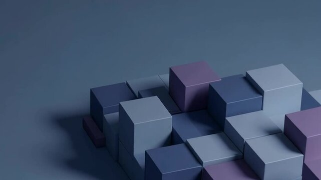Abstract arrangement of blue and purple cubes on a blue surface