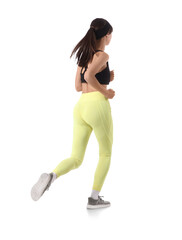 Beautiful young sporty woman running on white background, back view