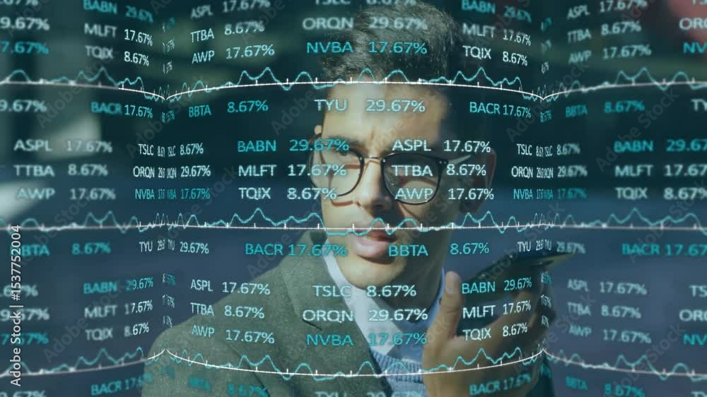 Poster man speaking into phone and activating finance hologram scrolling tickers and graphs fading out