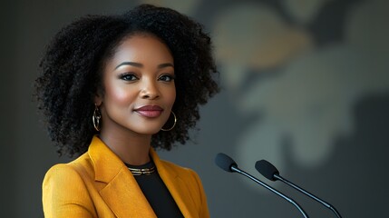 Confident African American woman speaking at a podium during a public event
