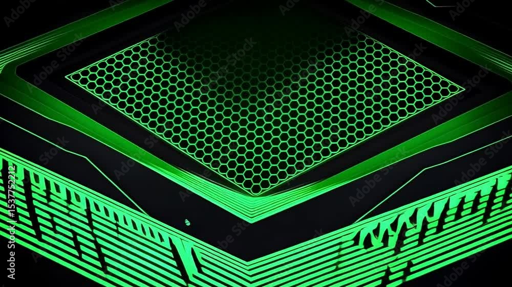 Poster abstract green honeycomb pattern on black background with geometric lines