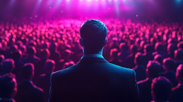 Confident speaker addressing a large audience on stage