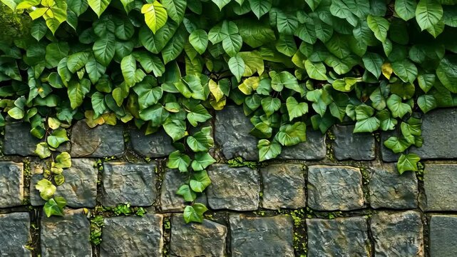 Lush green ivy cascading over a grey cobblestone wall