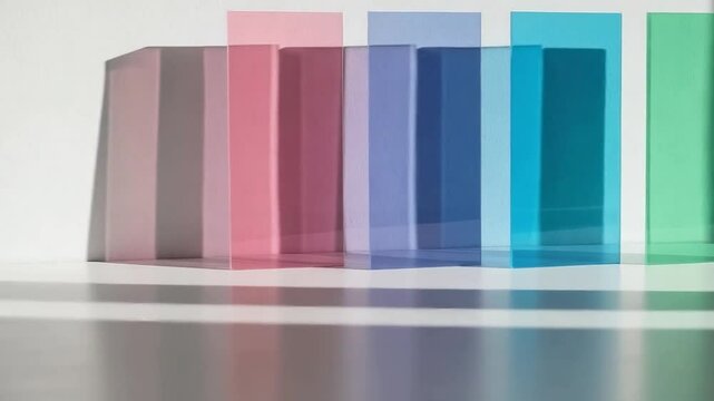 Arrangement of colorful translucent acrylic sheets on a white surface