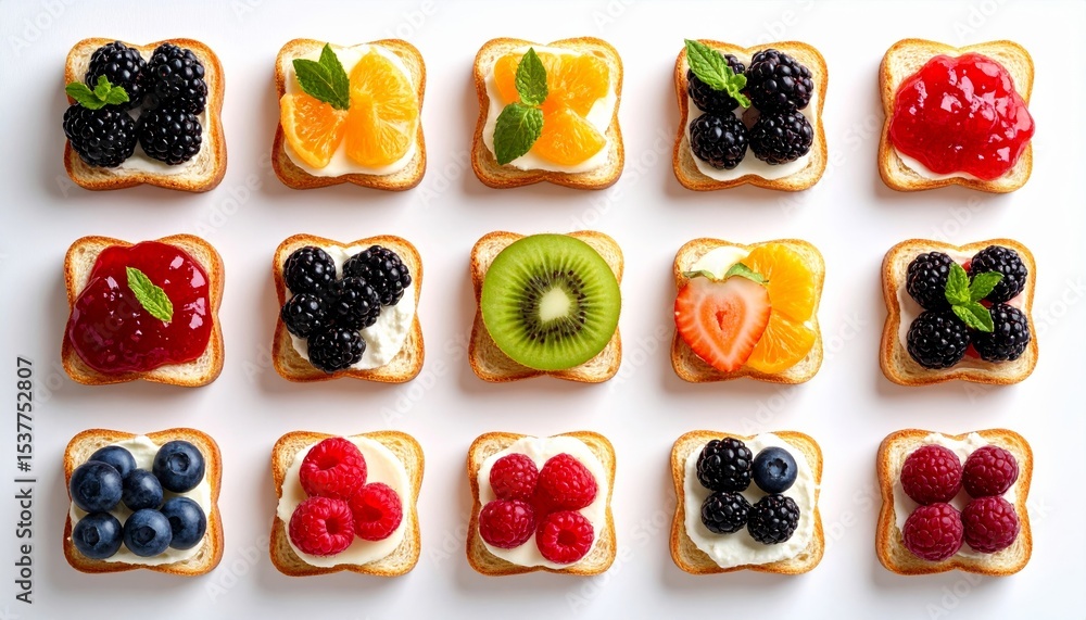 Poster mini toast bites with various toppings (jam, cheese, fruits), arranged neatly in 3d top-down view, c
