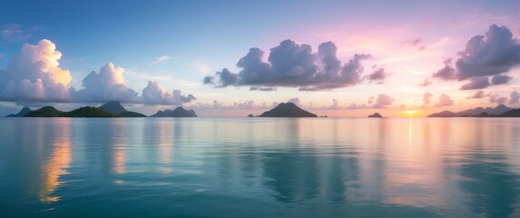 Tropical island silhouettes at sunrise over calm ocean waters