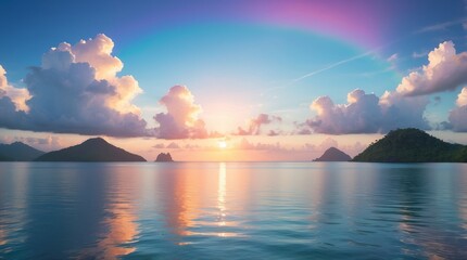 Tropical island silhouettes at sunrise over calm ocean waters