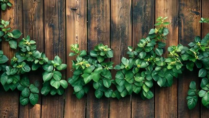 Lush green vines climb a rustic brown wooden fence - Powered by Adobe
