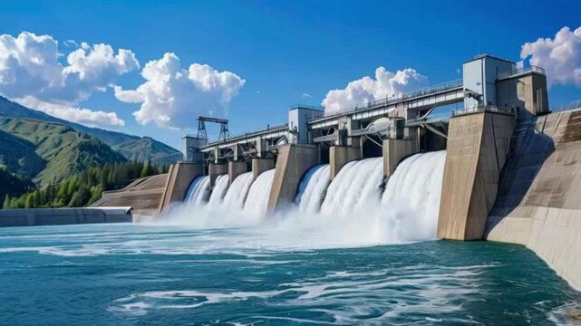 Hydroelectric dam producing renewable energy, energy production, sustainable power.