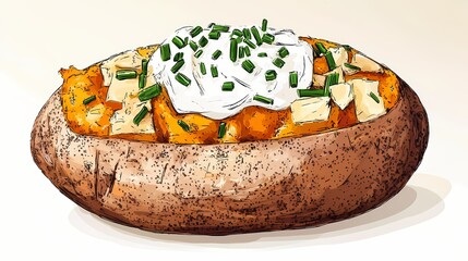 Hand-drawn illustration of a loaded baked potato.