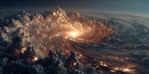 Fototapeta premium Fiery Vortex: A Dramatic Spiral of Luminous Clouds Illuminates the Darkened Sky