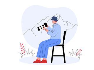 Professional photographer chooses a place close to the mountains for shooting. Professional photographer illustration. Cameraman concept. Flat vector illustration.