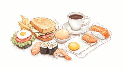 Hand-drawn illustration of various breakfast foods.