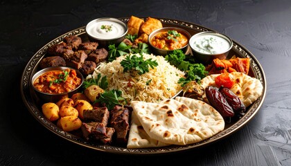 Traditional Iftar Platter with Rice, Meat, Bread, Dates, and Middle Eastern Side Dishes