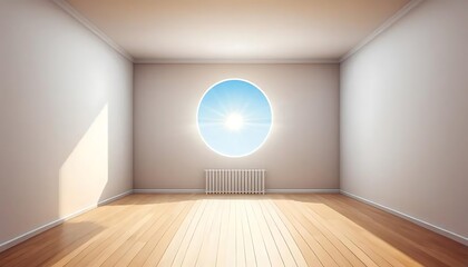 Minimalist Interior with Circular Window Offering Radiant Light Exposure