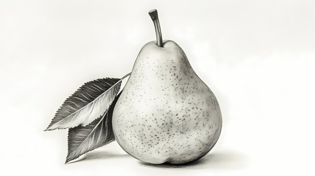 Detailed pencil sketch of a pear with leaves.