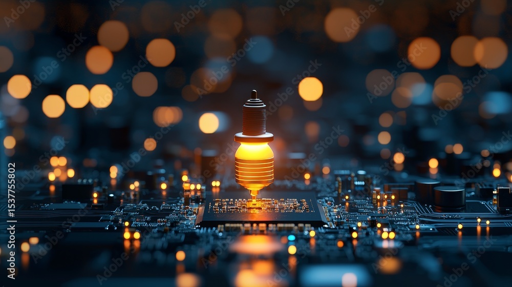Poster illuminating technology lightbulb on circuit board digital environment macro view innovation concept