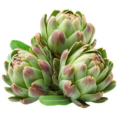 Isolated transparent A group of fresh, vibrant artichokes with lush green leaves and unique colors. PNG die-cut element for advertising