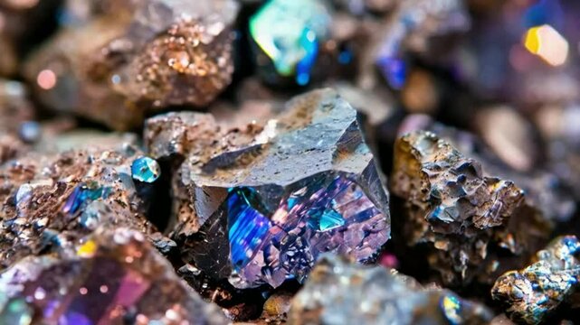 Macro photograph of nickel ore minerals focusing on geological characteristics. Concept Nickel Ore Minerals, Geological Characteristics, Macro Photography, Mineral Composition.