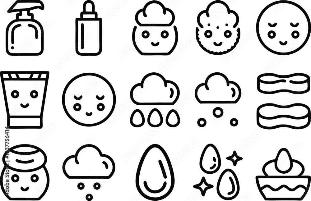 Poster facial cleansing icons outline style set isolated on transparent background