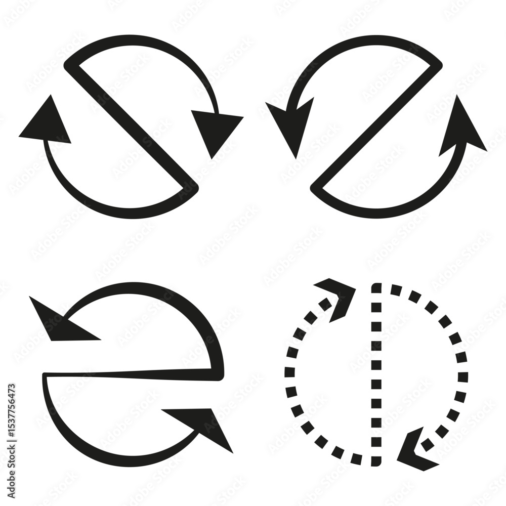 Poster loop arrow icons. vector curved symbol. rotation direction shape. black motion graphic.