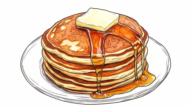 Stack of pancakes drizzled with syrup and butter.