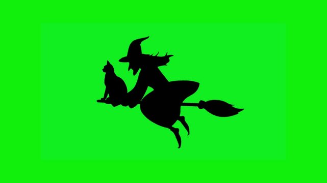 Haunted Halloween witch riding broomstick with cat silhouette on chroma green background. Looping horizontal video animation perfect for spooky overlays, creepy designs, and seasonal horror content.