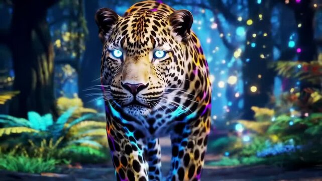 A majestic leopard walking towards the viewer in a dark, mystical forest, its body glowing with intricate bright vivid neon lines, The forest is filled with colorful plants and scattered glowing 