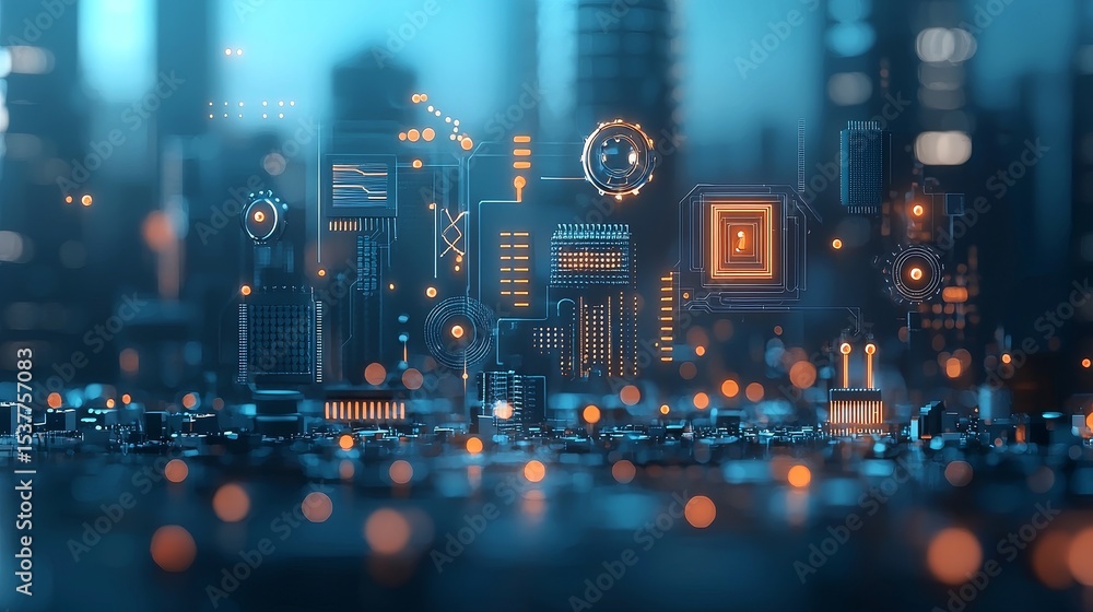 Poster futuristic cityscape with digital interfaces urban environment high-tech visualization aerial view i