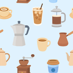 Various coffee-making tools and beverages arranged against a light blue background seamless pattern. The collection includes grinders, pots, cups, and iced drinks reflecting coffee culture.