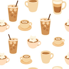 Bright and whimsical seamless pattern showcases various coffee drinks, including iced and hot beverages, with adorable cat motifs adding charm to the design.
